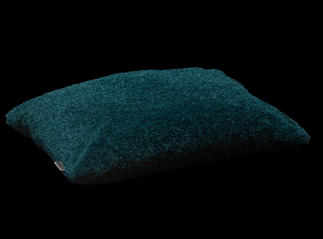 Izzydogg design dog bed cushion in dark blue petrol recycled fluffy faux fur with removable cover and high quality memory foam.