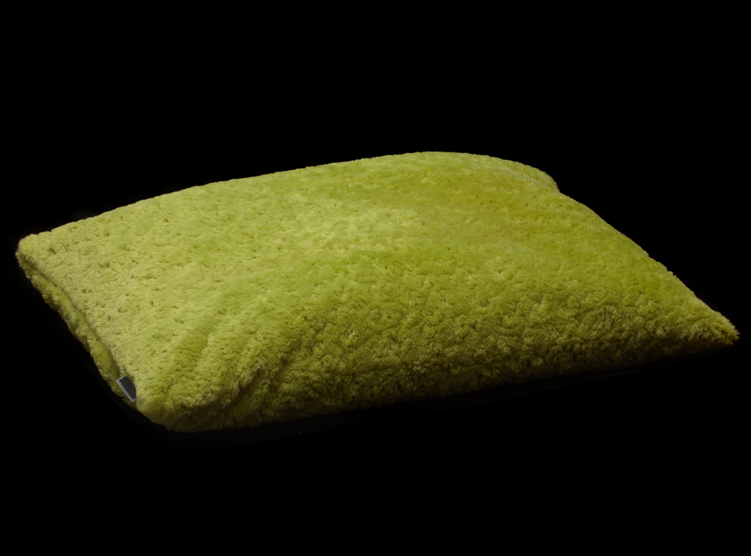 Izzydogg design dog bed cushion in leaf green recycled fluffy faux fur with removable cover and high quality memory foam.