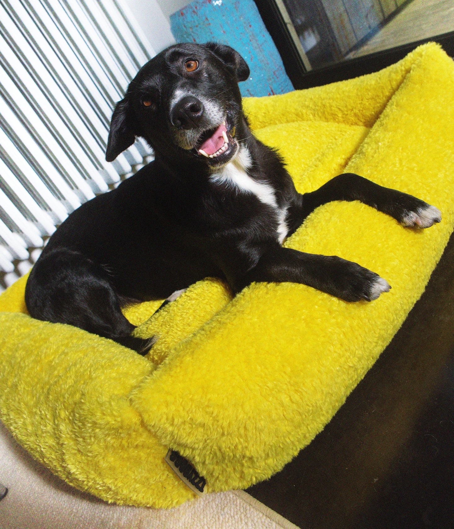 Izzydogg design dog bed with head rest in canary yellow recycled fluffy faux fur with removable cover and high quality memory foam.