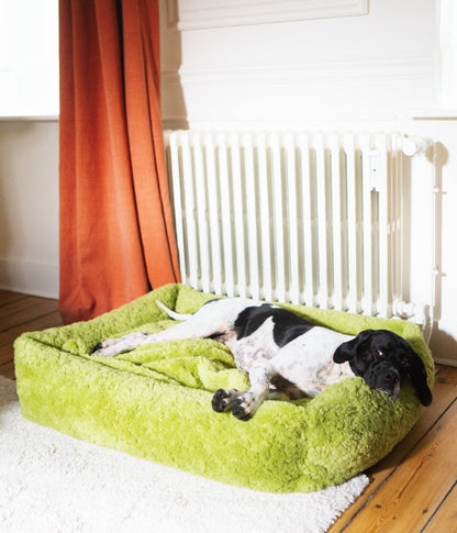 Izzydogg design dog bed with head rest in leaf green recycled fluffy faux fur with removable cover and high quality memory foam.