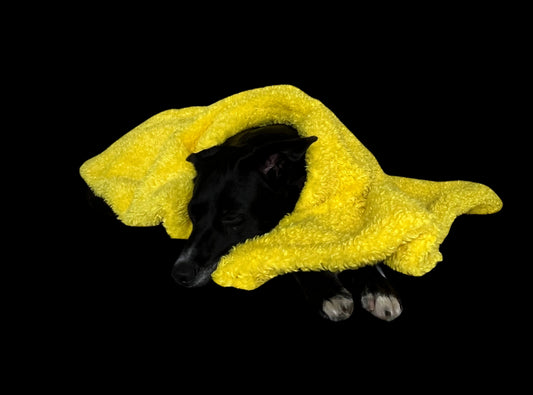 Soft Izzydogg dog blanket in canary yellow recycled faux fur, double-sided with black velvet peach skin fabric.