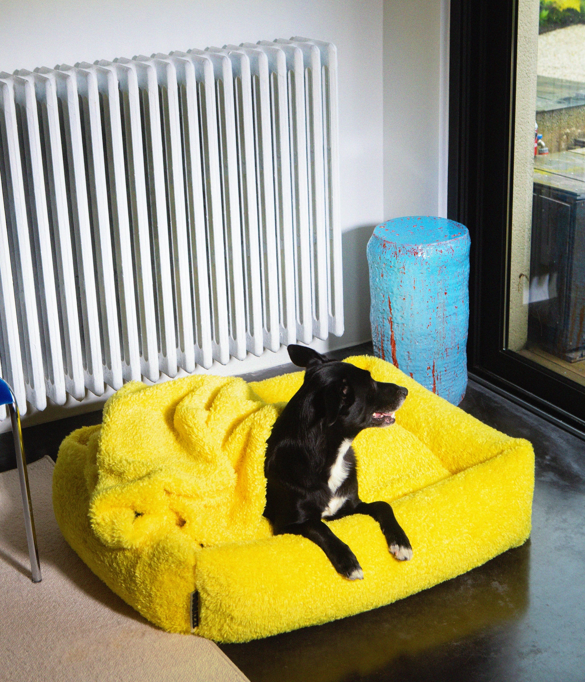 Soft Izzydogg dog blanket in canary yellow recycled faux fur, double-sided with black velvet peach skin fabric.